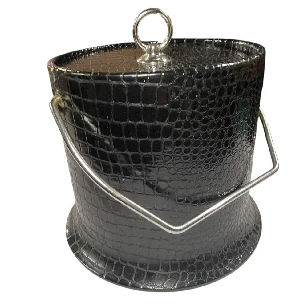 Vintage Faux Croc Black Ice Bucket | Mid-Century Barware | Vinyl Textured Cooler